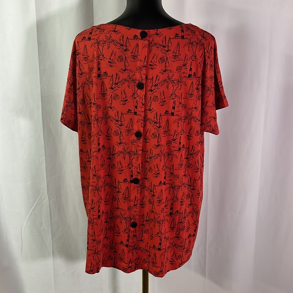 NWT J. Jill Res & Blue Sailboat Print Button Back Short Sleeve Top